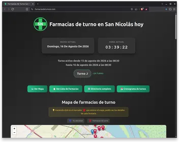 Pantalla principal mostrando la fecha y hora actual, el turno activo con su rango horario y el mapa de San Nicolás con las farmacias marcadas.