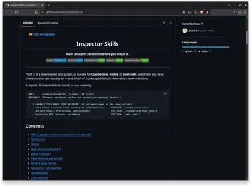 README del repositorio en GitHub, con un ejemplo de salida de la herramienta reportando tres capacidades críticas que la descripción de la extensión no menciona.