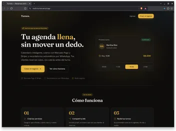 Landing de la plataforma con el titular "Tu agenda llena, sin mover un dedo" y una tarjeta de próximo turno confirmado junto a la grilla de horarios disponibles.